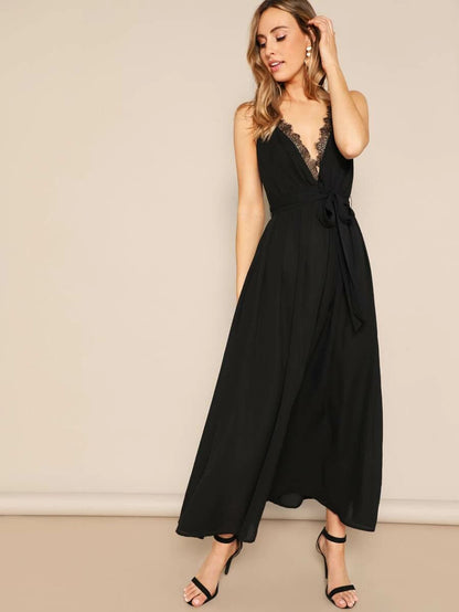 Plunging Neck Eyelash Lace Trim Belted Cami Dress Periwinkley Shop