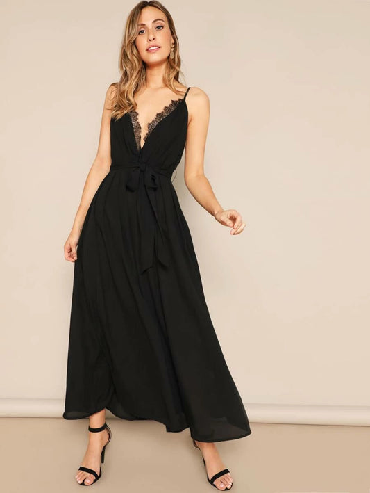Plunging Neck Eyelash Lace Trim Belted Cami Dress Periwinkley Shop