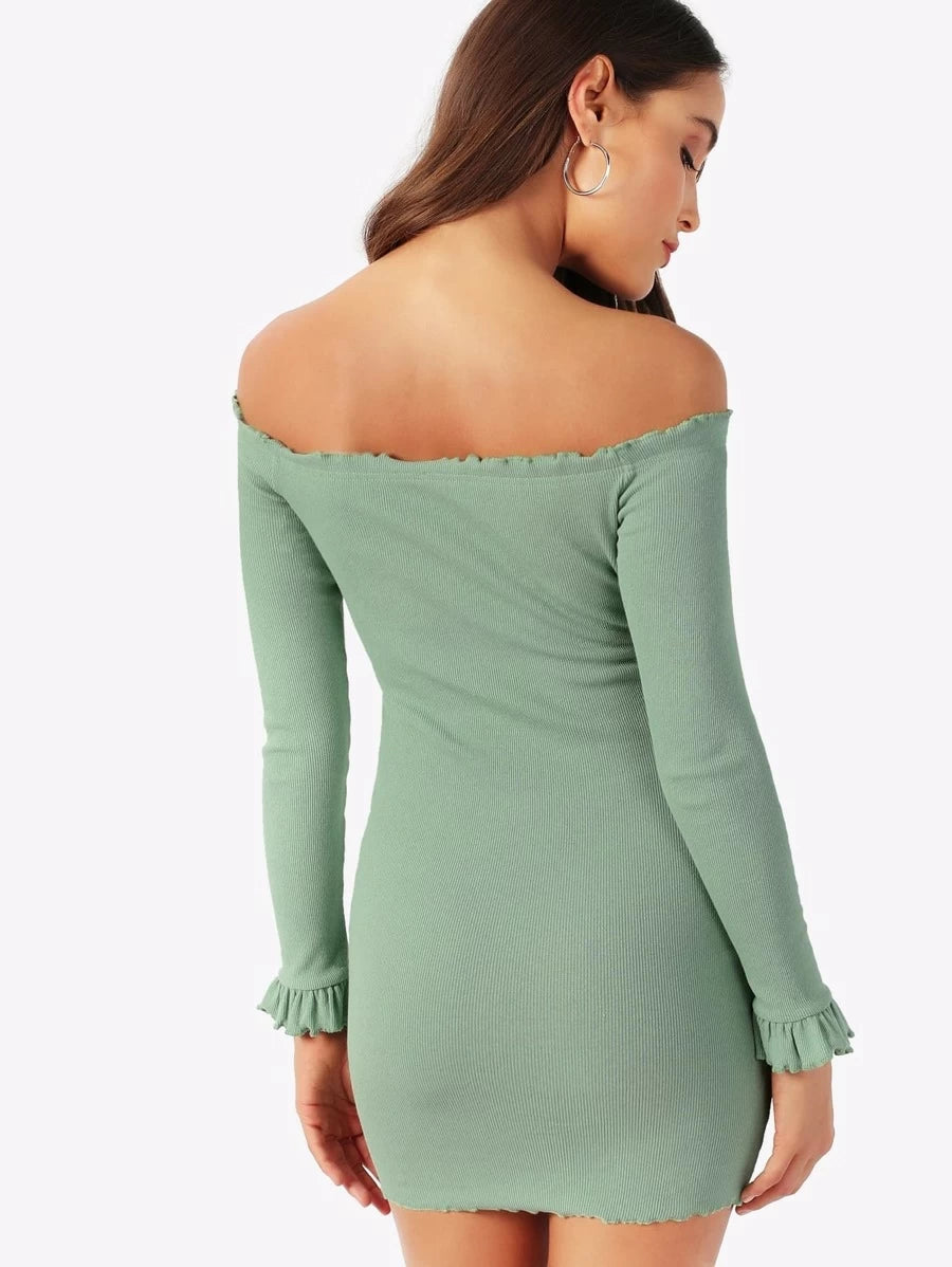 Off Shoulder Lettuce Trim Rib-knit Dress Periwinkley Shop