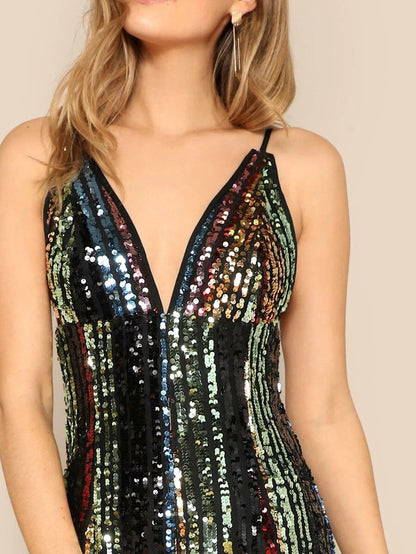 Plunging Neck Striped Sequin Wide Leg Cami Jumpsuit Periwinkley Shop