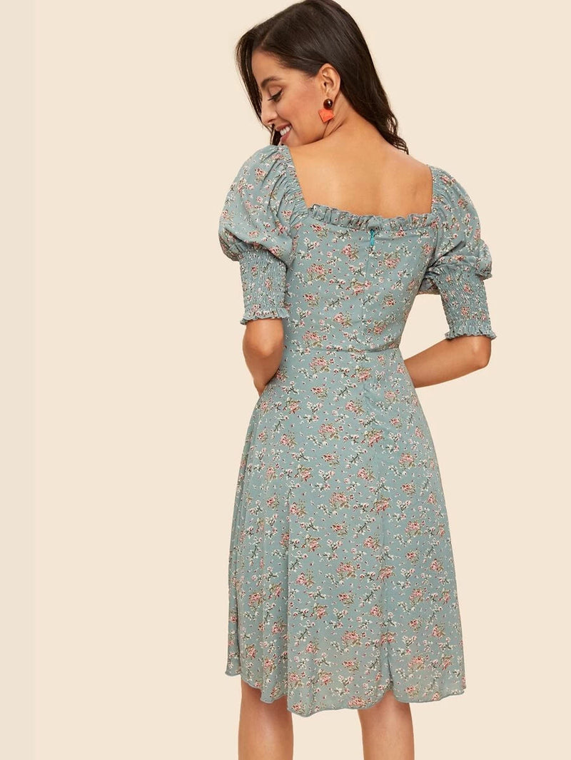 50s Knot Front Shirred Sleeve Floral Dress Periwinkley Shop