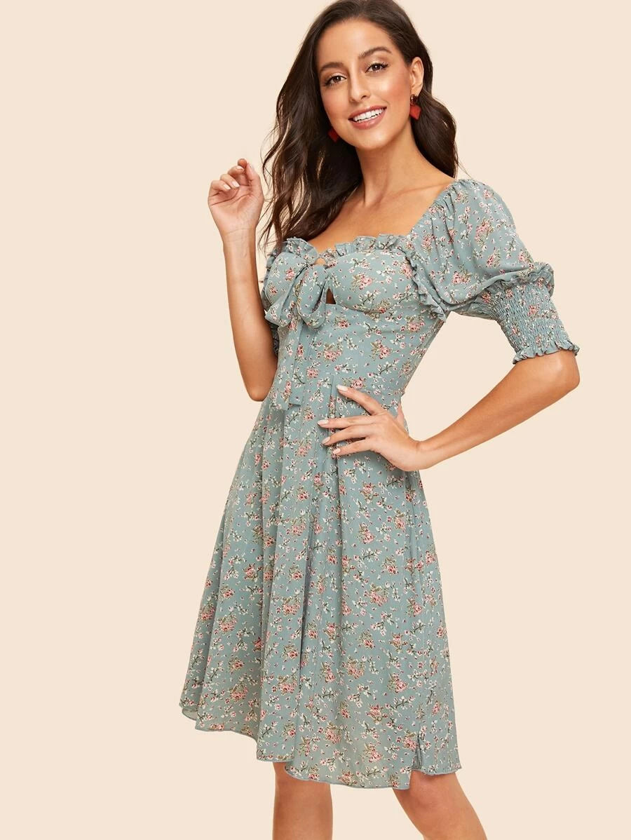 50s Knot Front Shirred Sleeve Floral Dress Periwinkley Shop