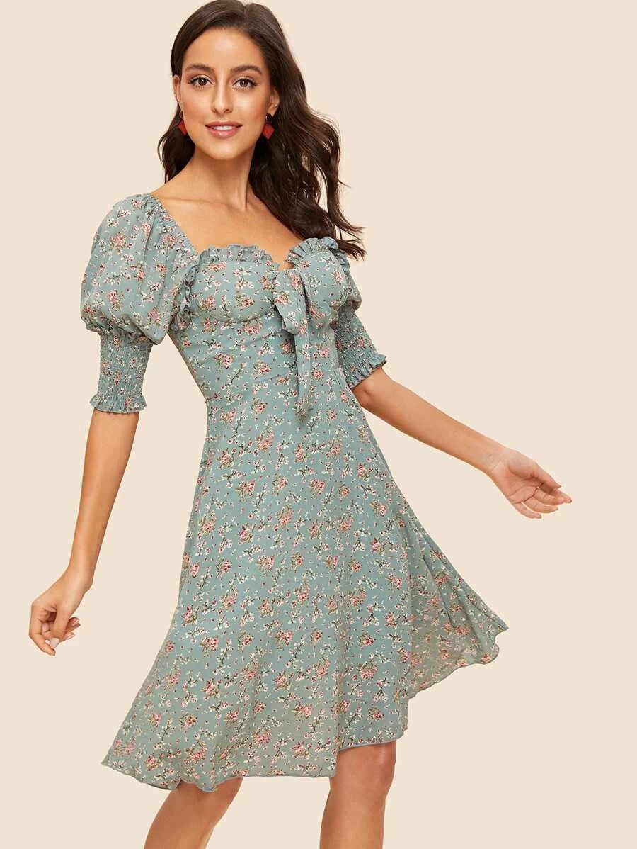 50s Knot Front Shirred Sleeve Floral Dress Periwinkley Shop