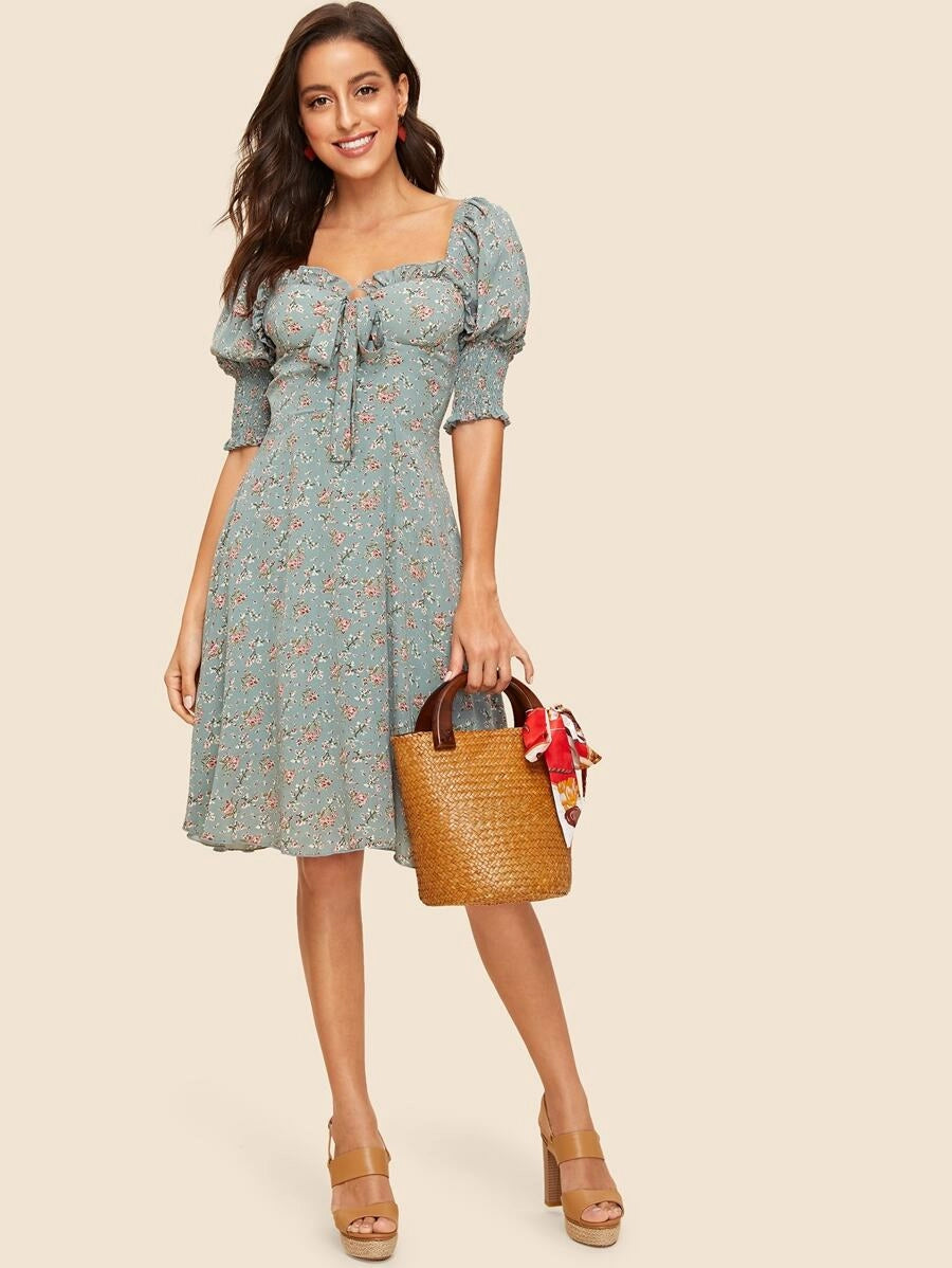 50s Knot Front Shirred Sleeve Floral Dress Periwinkley Shop