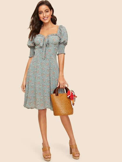 50s Knot Front Shirred Sleeve Floral Dress Periwinkley Shop