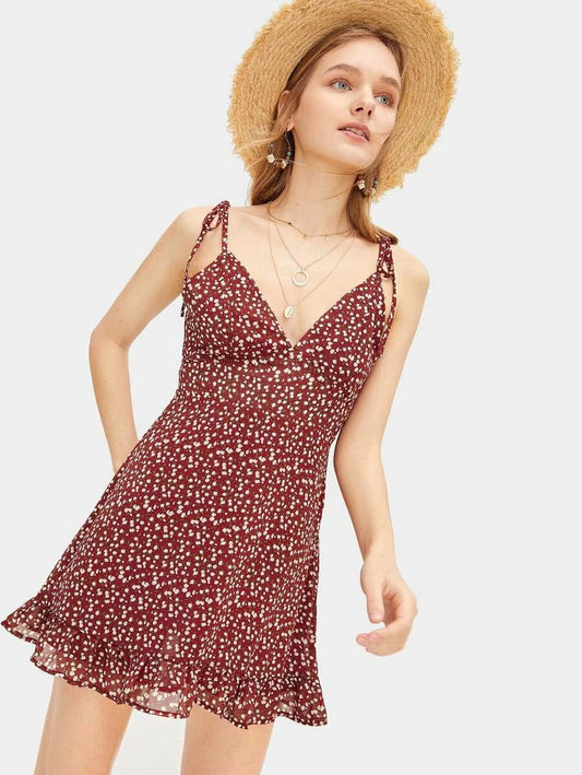 Ditsy Floral Tie Shoulder Ruffle Hem Cami Sundress Periwinkley Shop