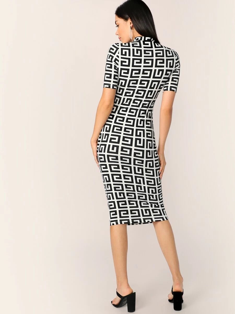 Mock-neck Greek Fret Fitted Pencil Dress Periwinkley Shop
