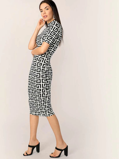 Mock-neck Greek Fret Fitted Pencil Dress Periwinkley Shop