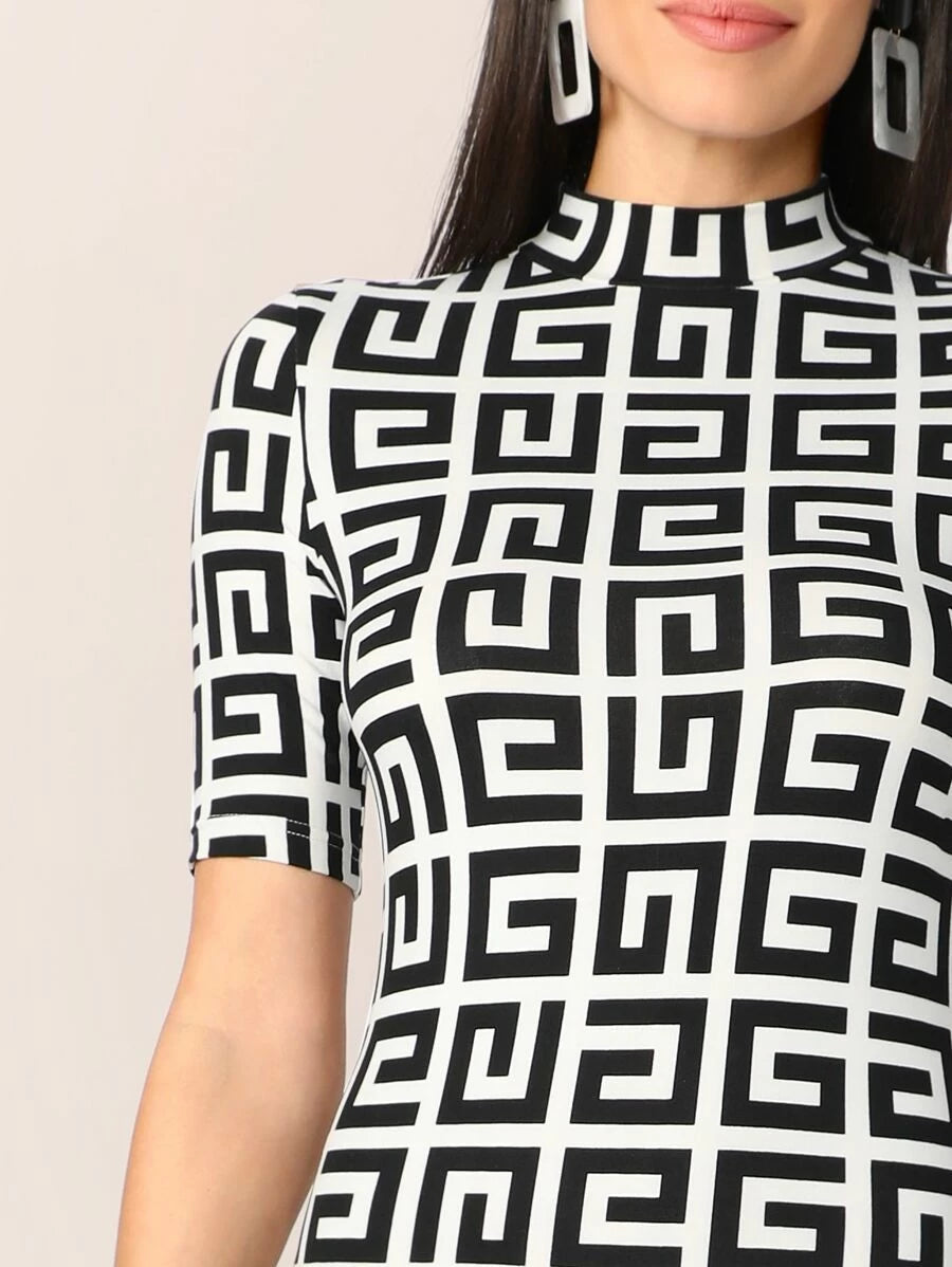 Mock-neck Greek Fret Fitted Pencil Dress Periwinkley Shop