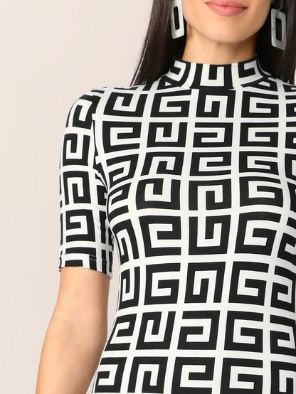 Mock-neck Greek Fret Fitted Pencil Dress Periwinkley Shop