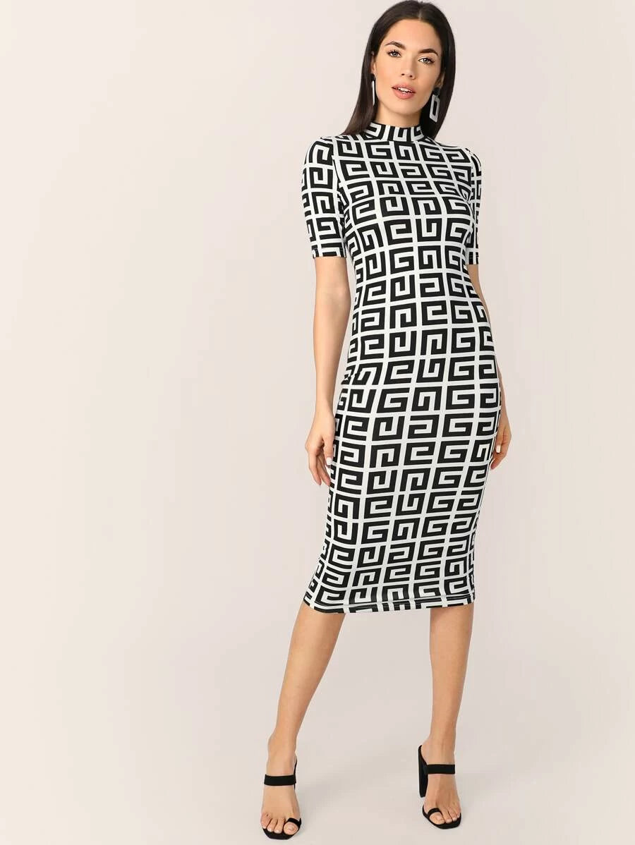 Mock-neck Greek Fret Fitted Pencil Dress Periwinkley Shop