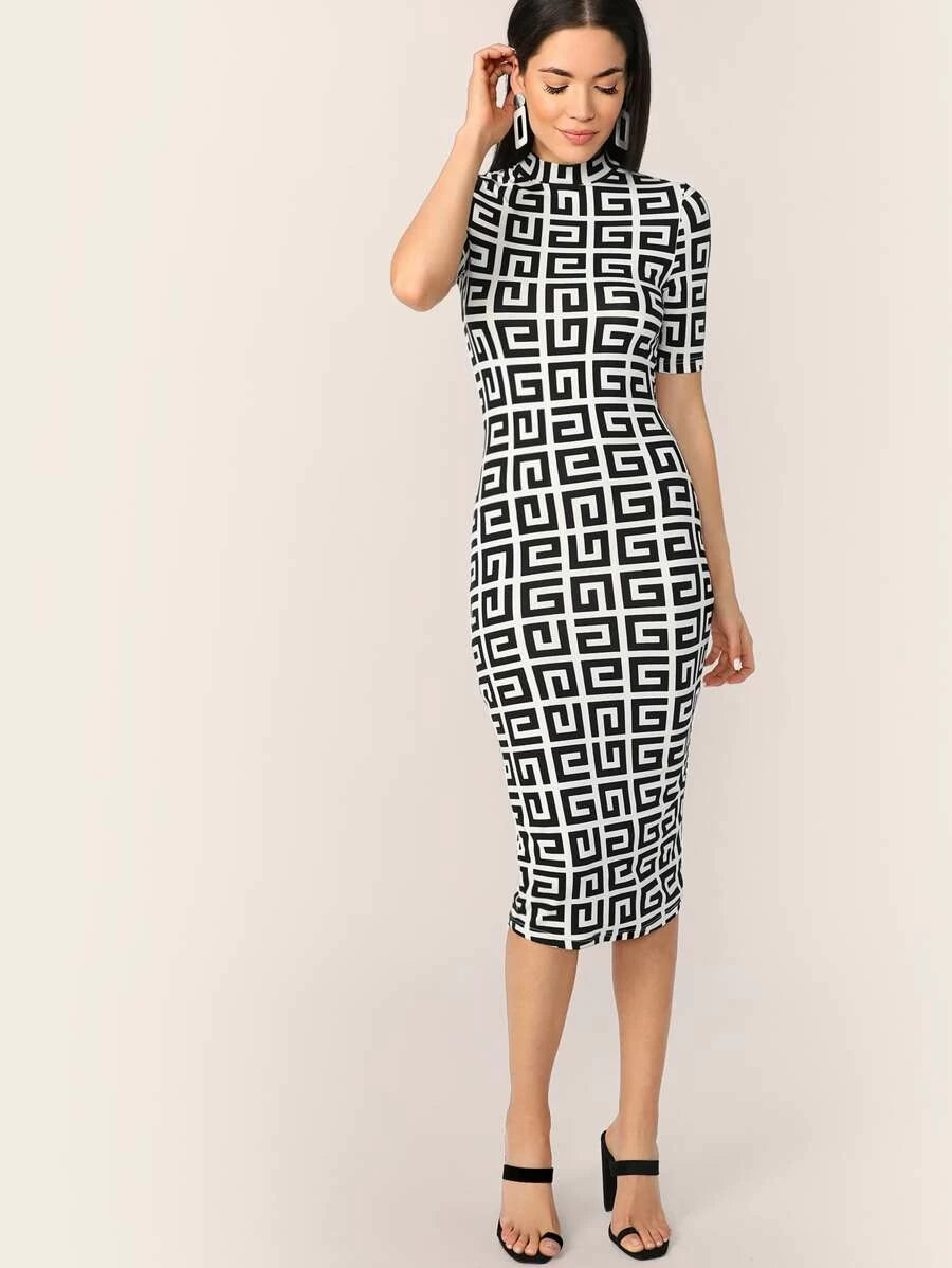 Mock-neck Greek Fret Fitted Pencil Dress Periwinkley Shop