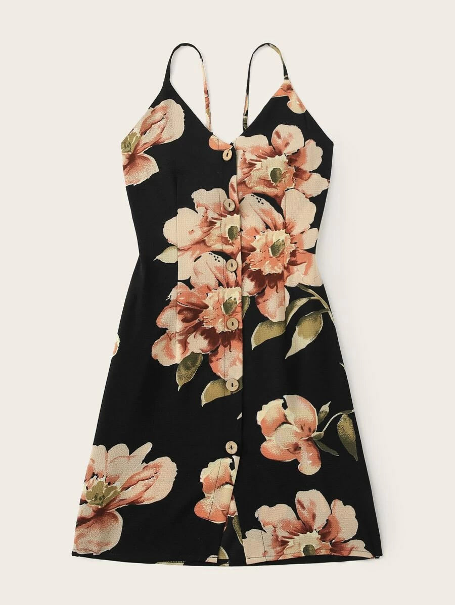 Floral Print Button Front Tie Back Cami Dress Periwinkley Shop