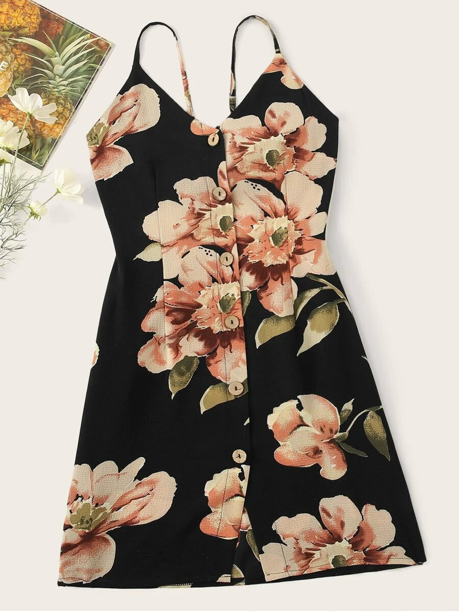 Floral Print Button Front Tie Back Cami Dress Periwinkley Shop