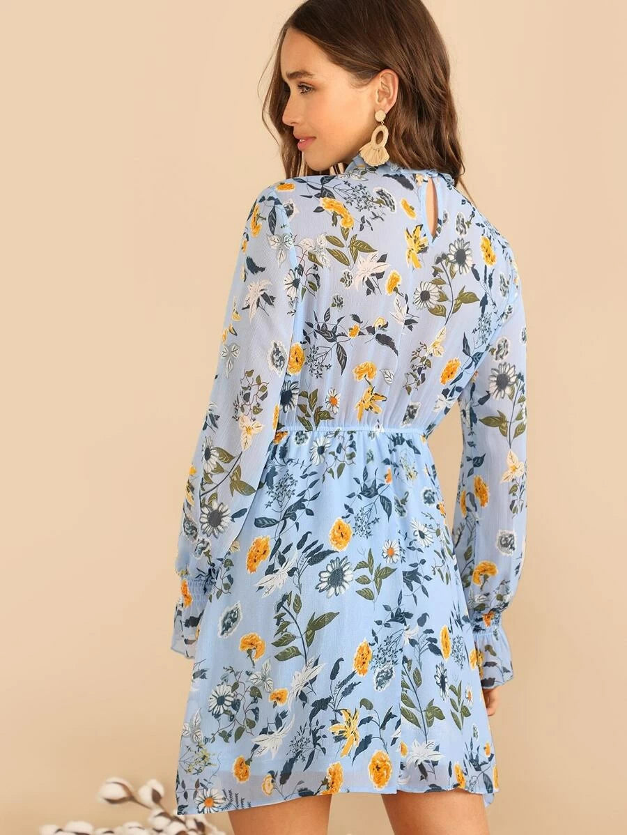 Botanical Print Ruffle Dress Periwinkley Shop