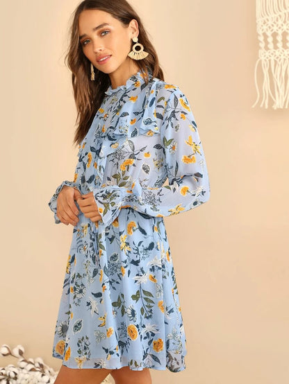 Botanical Print Ruffle Dress Periwinkley Shop