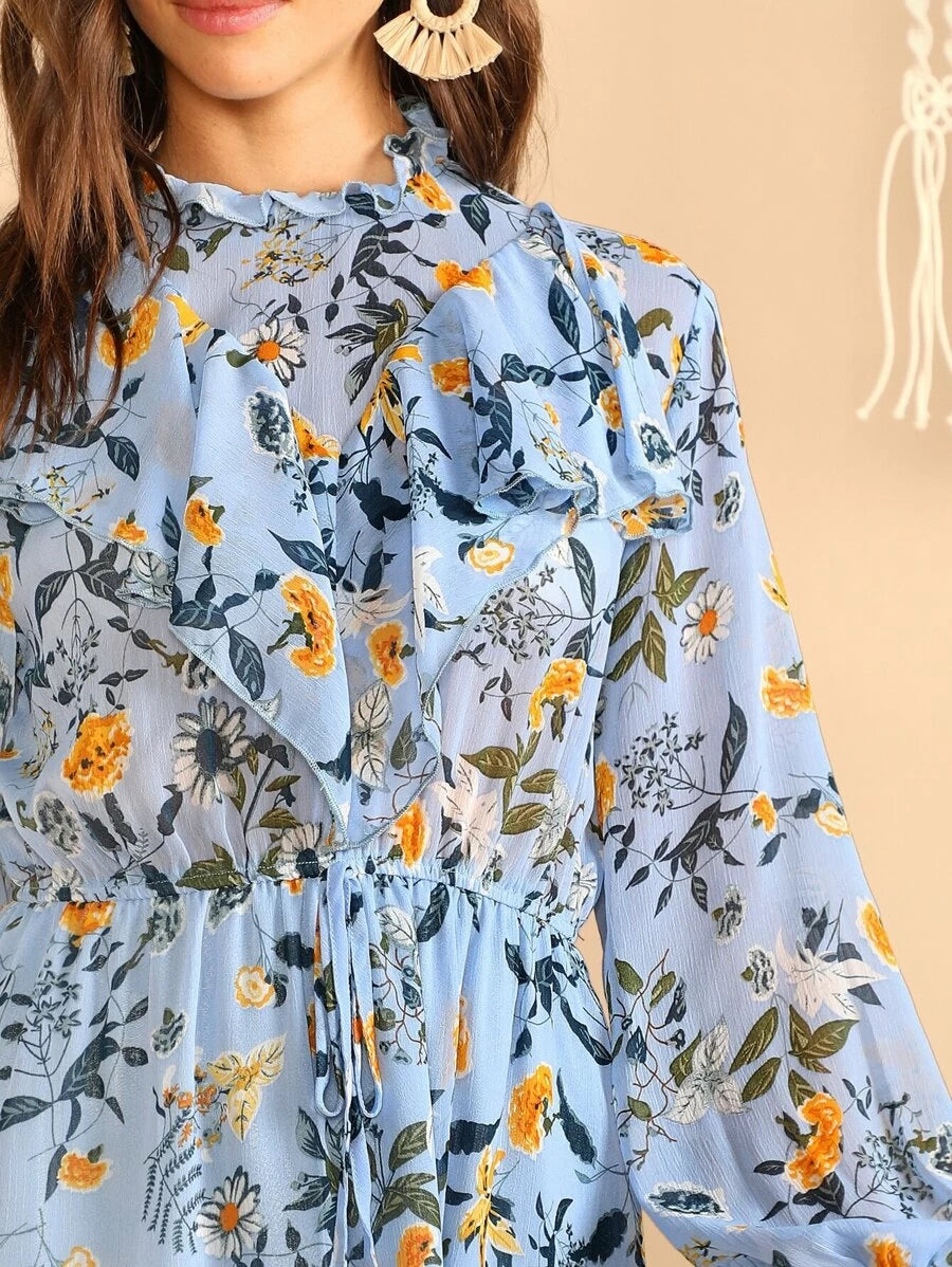 Botanical Print Ruffle Dress Periwinkley Shop