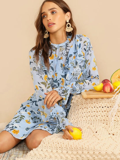 Botanical Print Ruffle Dress Periwinkley Shop