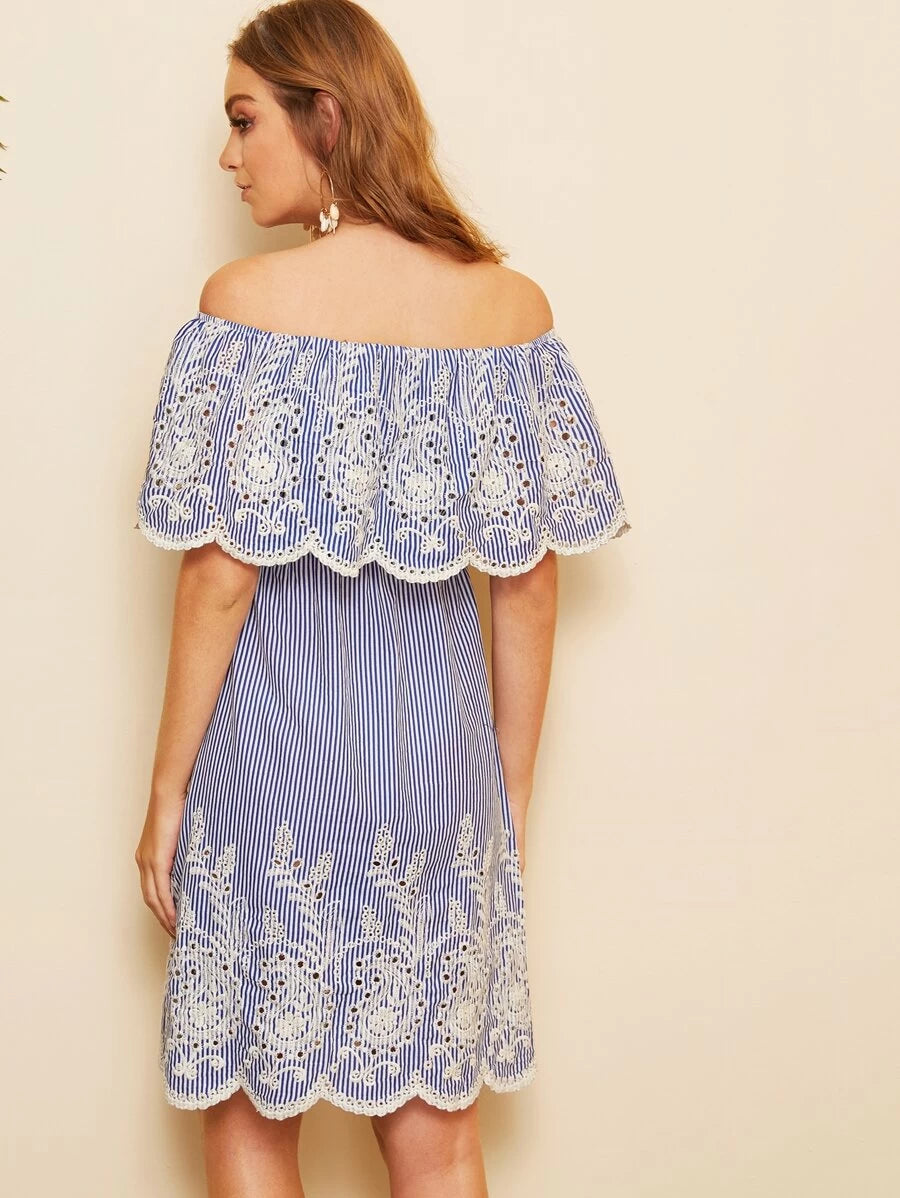 Lace Embroidered Elastic Scallop Waist Stripe Dress Periwinkley Shop