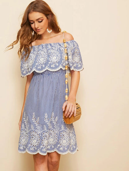 Lace Embroidered Elastic Scallop Waist Stripe Dress Periwinkley Shop