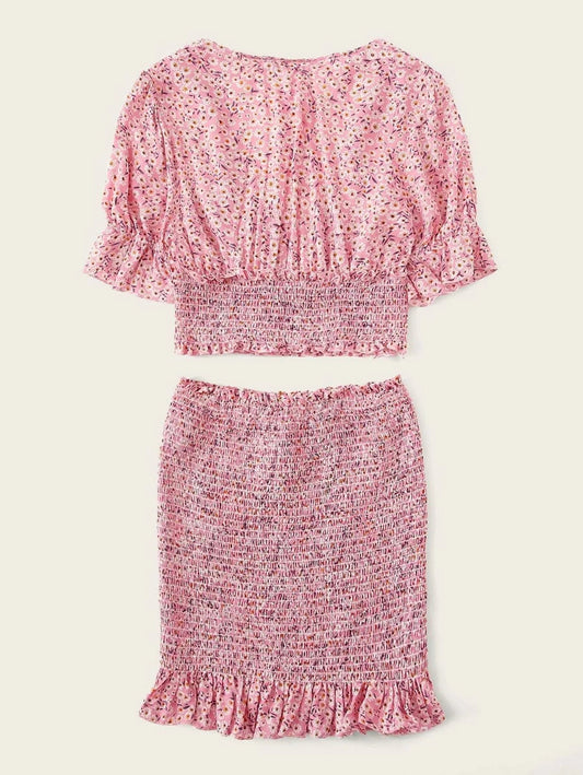 Ditsy Floral Plunging Neck Top and Shirred Skirt Set Periwinkley Shop