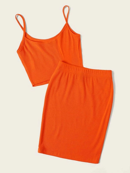 Neon Orange Ribbed Cami Bra And Skirt Set Periwinkley Shop