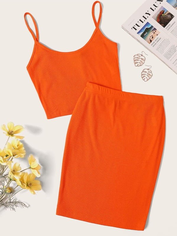 Neon Orange Ribbed Cami Bra And Skirt Set Periwinkley Shop