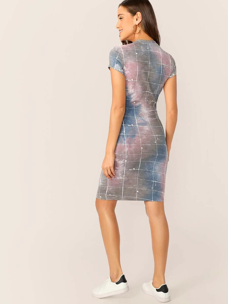 Mock Neck Tie Dye Grid Fitted Pencil Dress Periwinkley Shop