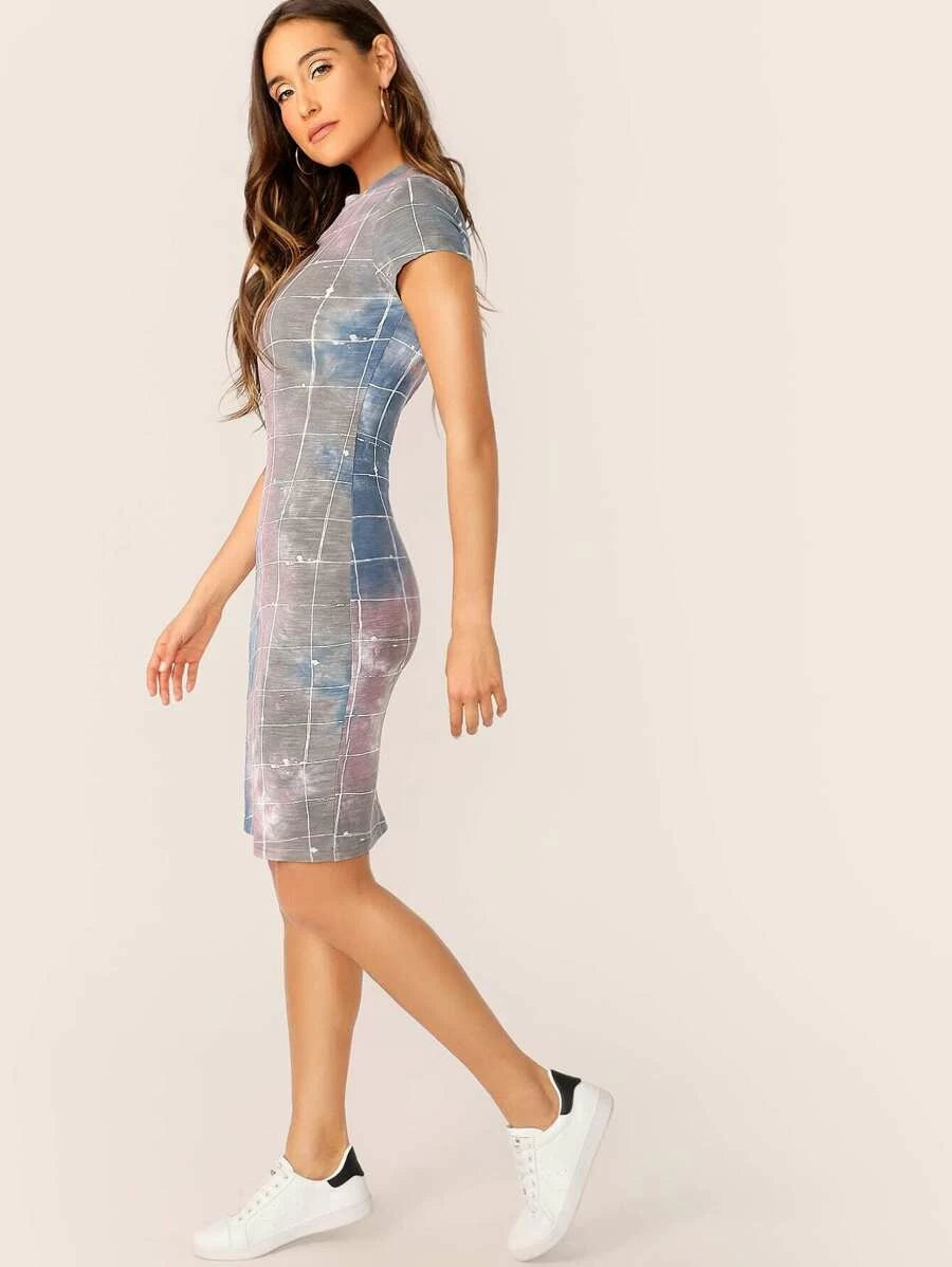 Mock Neck Tie Dye Grid Fitted Pencil Dress Periwinkley Shop