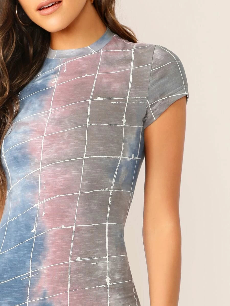 Mock Neck Tie Dye Grid Fitted Pencil Dress Periwinkley Shop