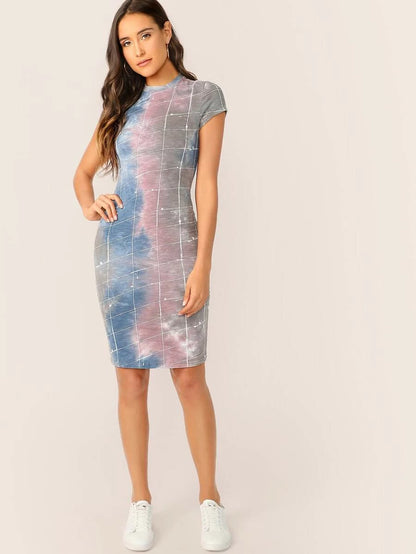 Mock Neck Tie Dye Grid Fitted Pencil Dress Periwinkley Shop
