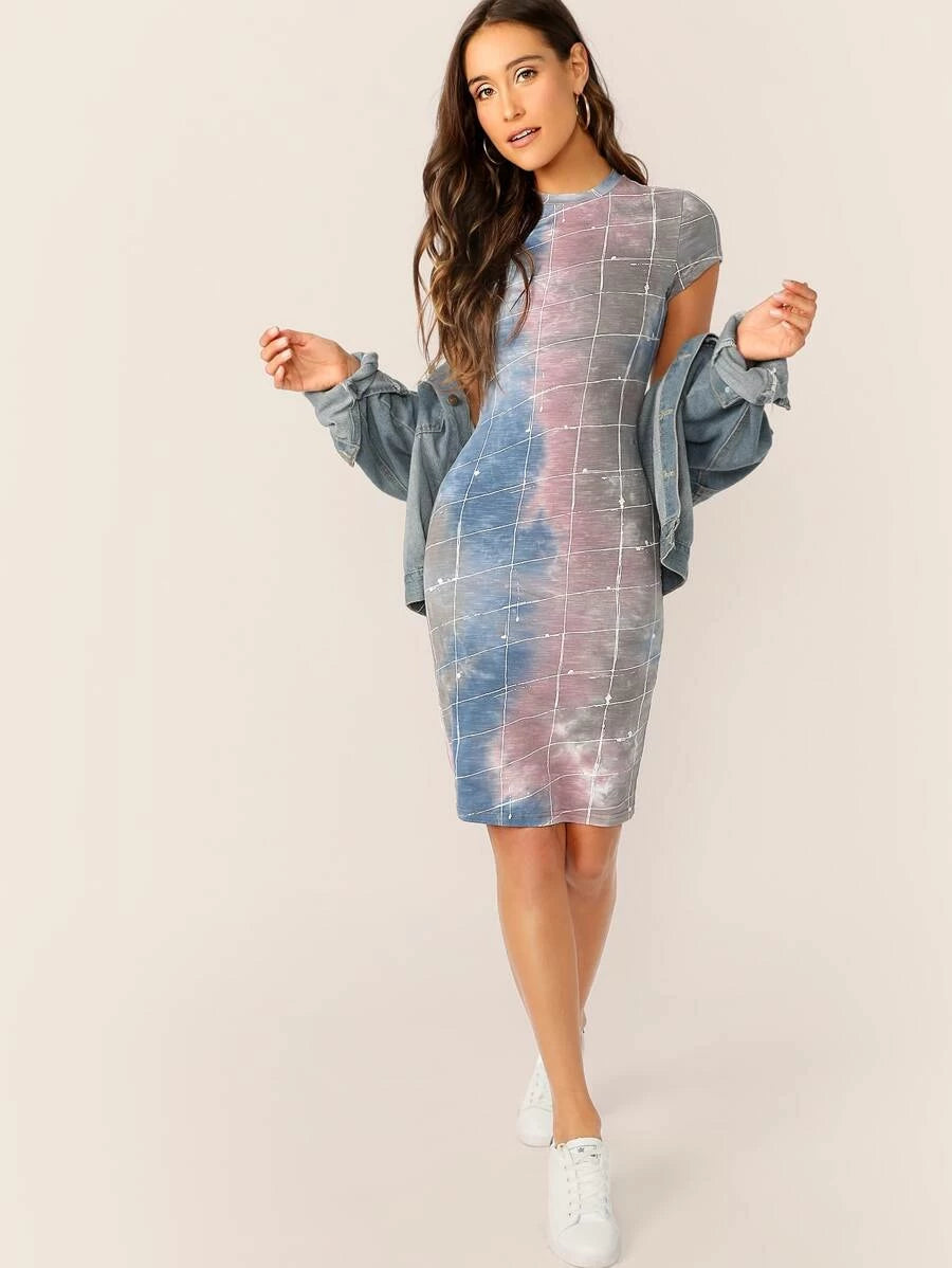 Mock Neck Tie Dye Grid Fitted Pencil Dress Periwinkley Shop