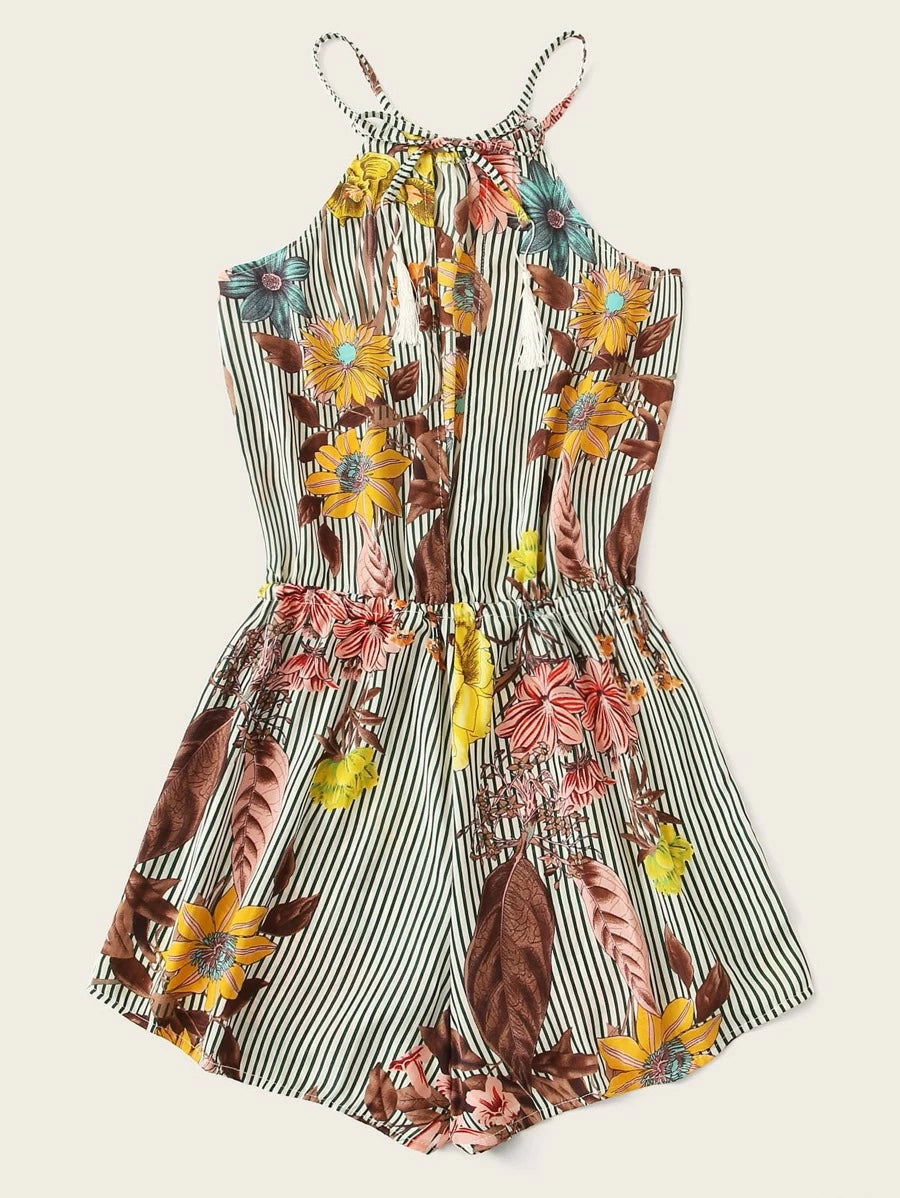 Floral Print Striped Halter Romper Periwinkley Shop
