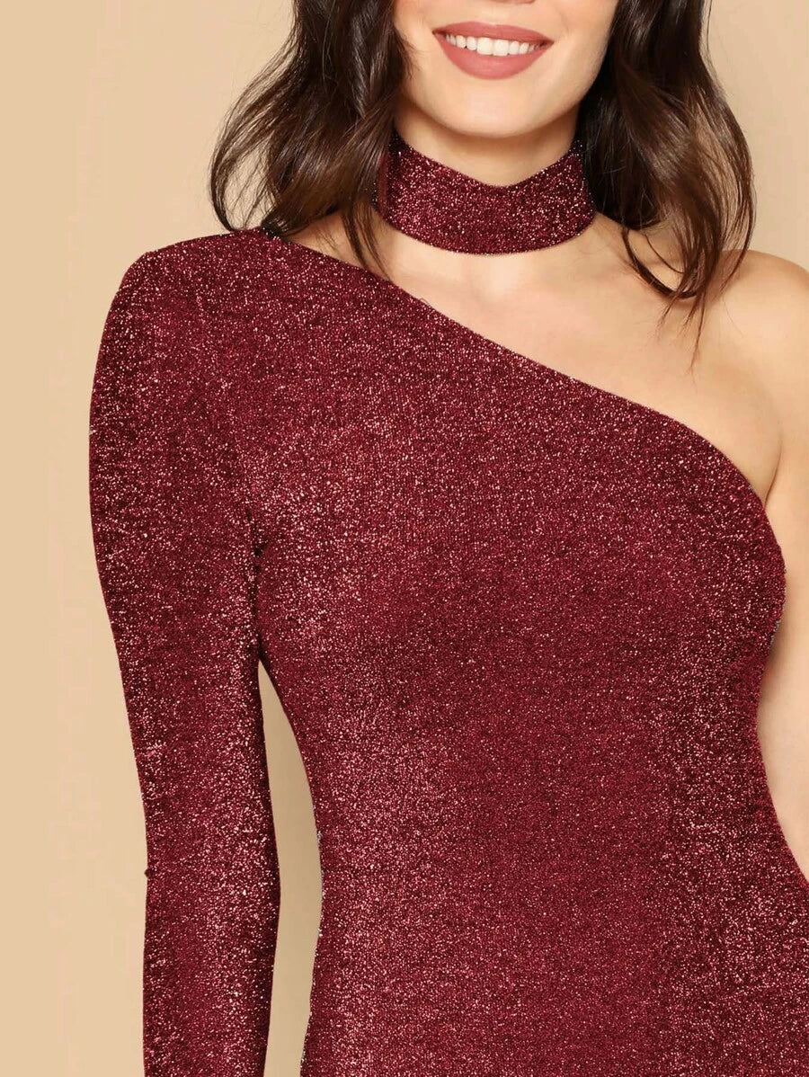 One Shoulder Glitter Dress With Choker Periwinkley Shop
