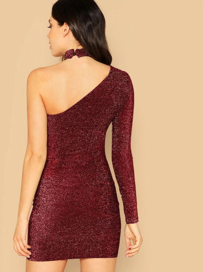 One Shoulder Glitter Dress With Choker Periwinkley Shop