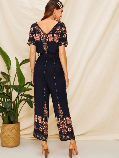 Double V Neck Floral Belted Jumpsuit Periwinkley Shop
