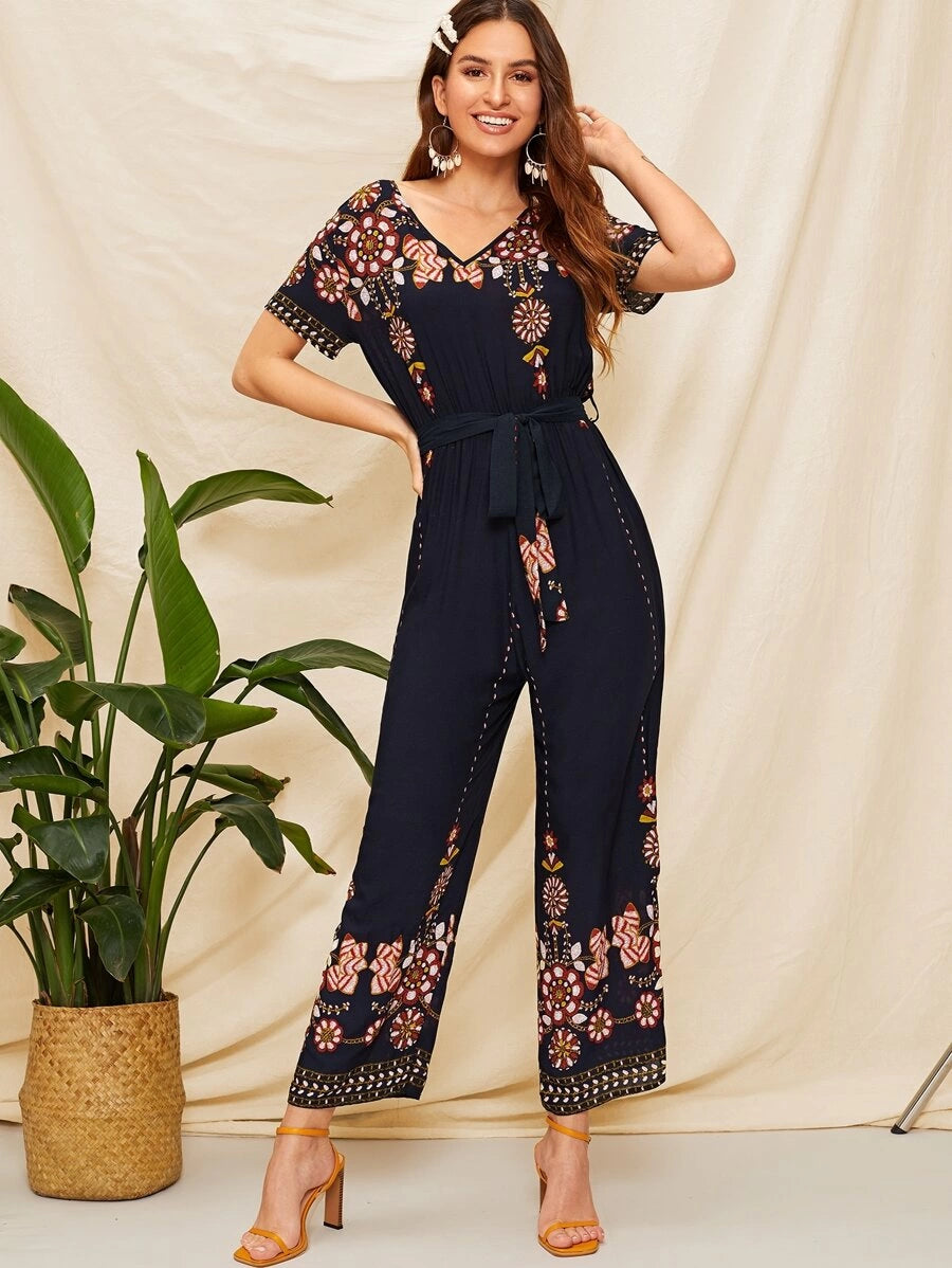 Double V Neck Floral Belted Jumpsuit Periwinkley Shop