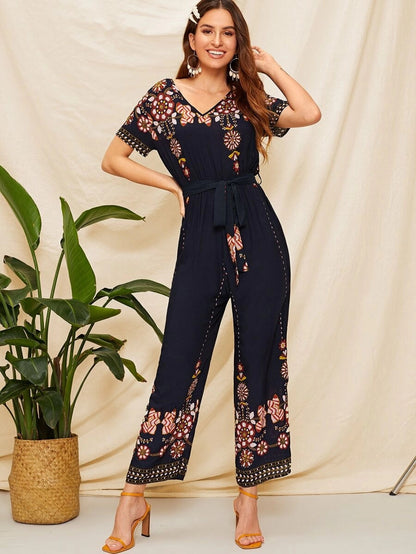 Double V Neck Floral Belted Jumpsuit Periwinkley Shop