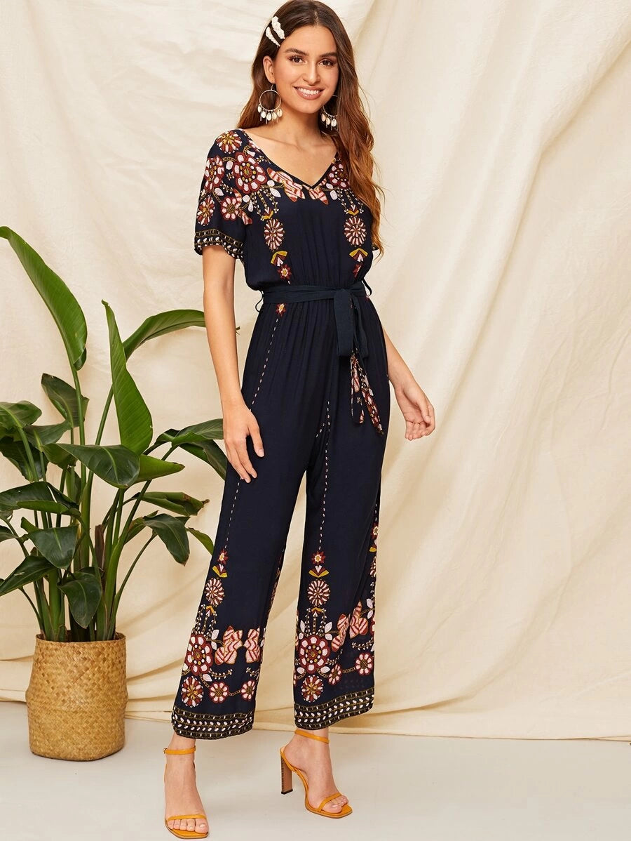 Double V Neck Floral Belted Jumpsuit Periwinkley Shop