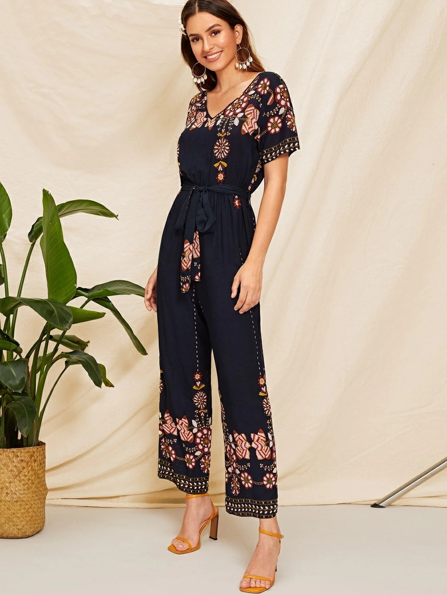 Double V Neck Floral Belted Jumpsuit Periwinkley Shop