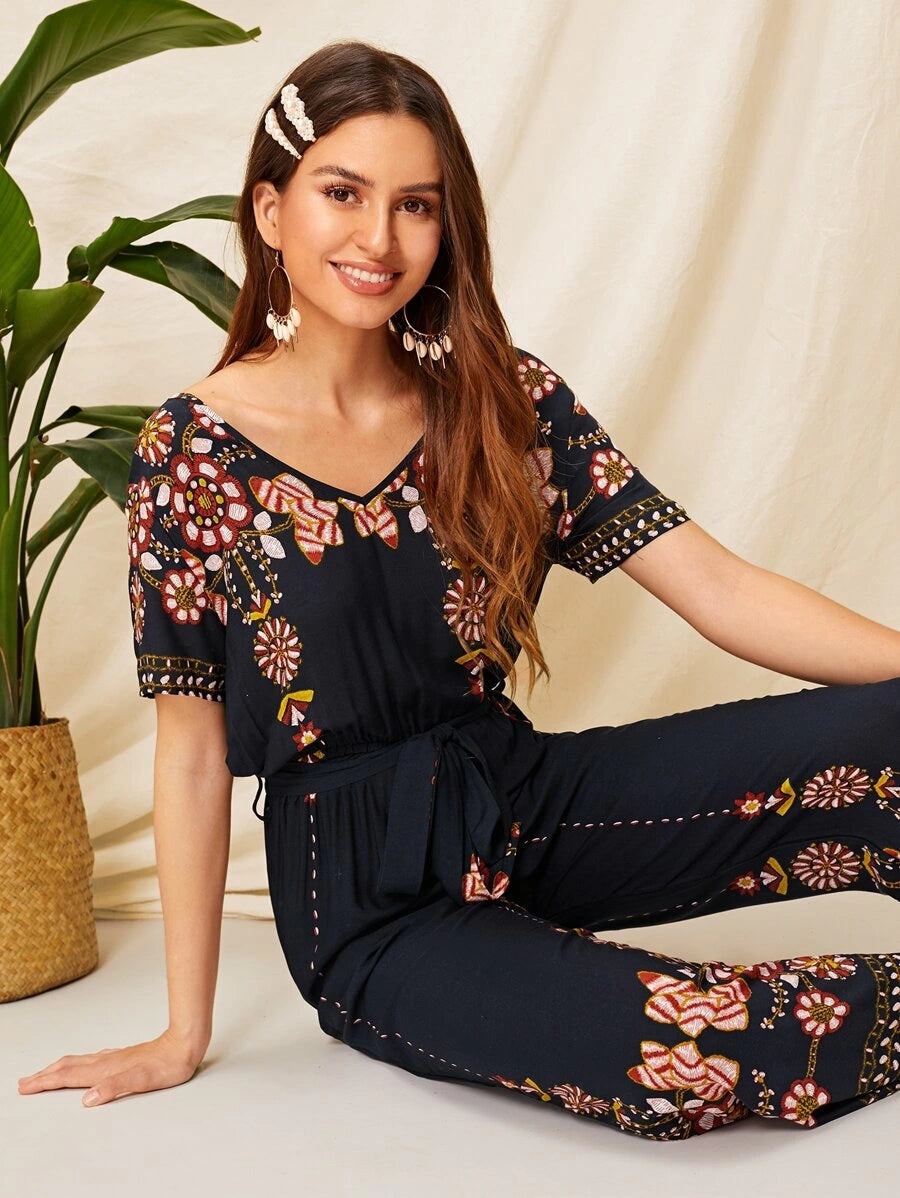 Double V Neck Floral Belted Jumpsuit Periwinkley Shop