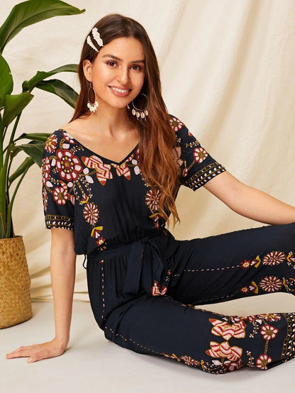 Double V Neck Floral Belted Jumpsuit Periwinkley Shop