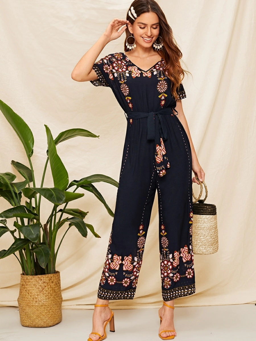 Double V Neck Floral Belted Jumpsuit Periwinkley Shop