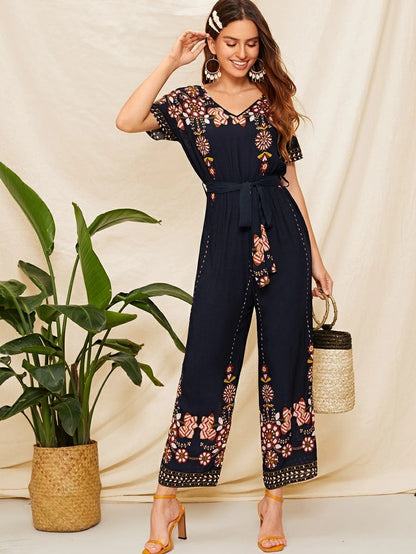 Double V Neck Floral Belted Jumpsuit Periwinkley Shop
