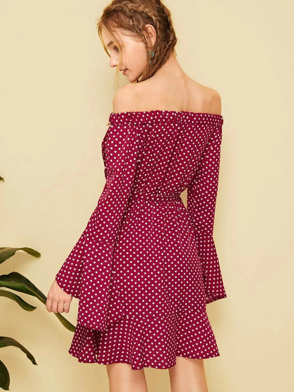 Polka Dot Print Flounce Sleeve Dress Periwinkley Shop