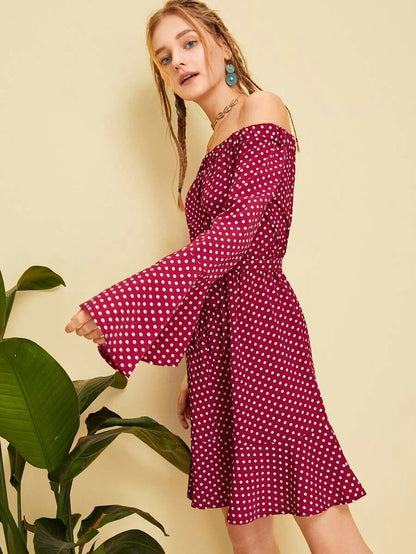 Polka Dot Print Flounce Sleeve Dress Periwinkley Shop