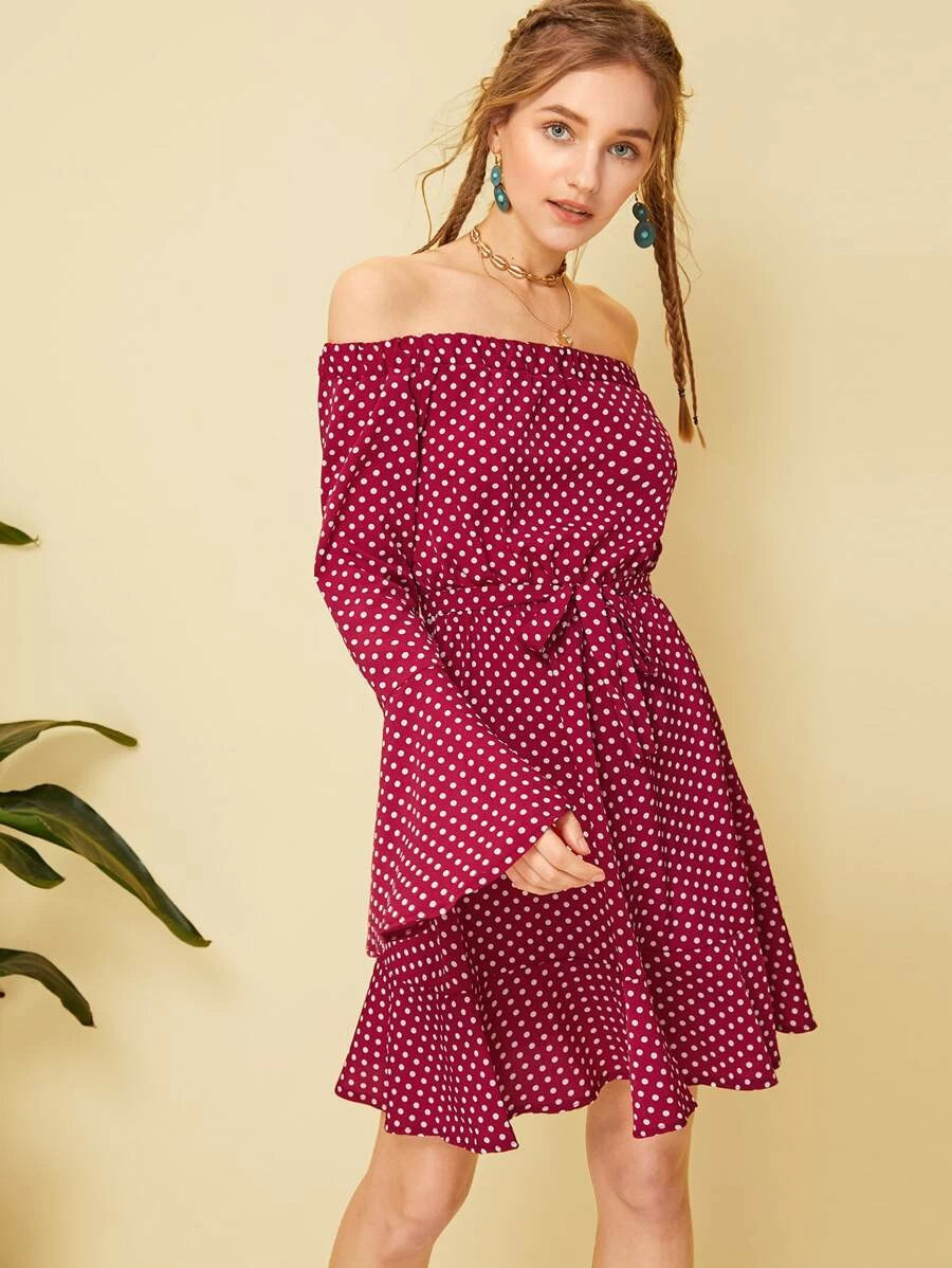 Polka Dot Print Flounce Sleeve Dress Periwinkley Shop