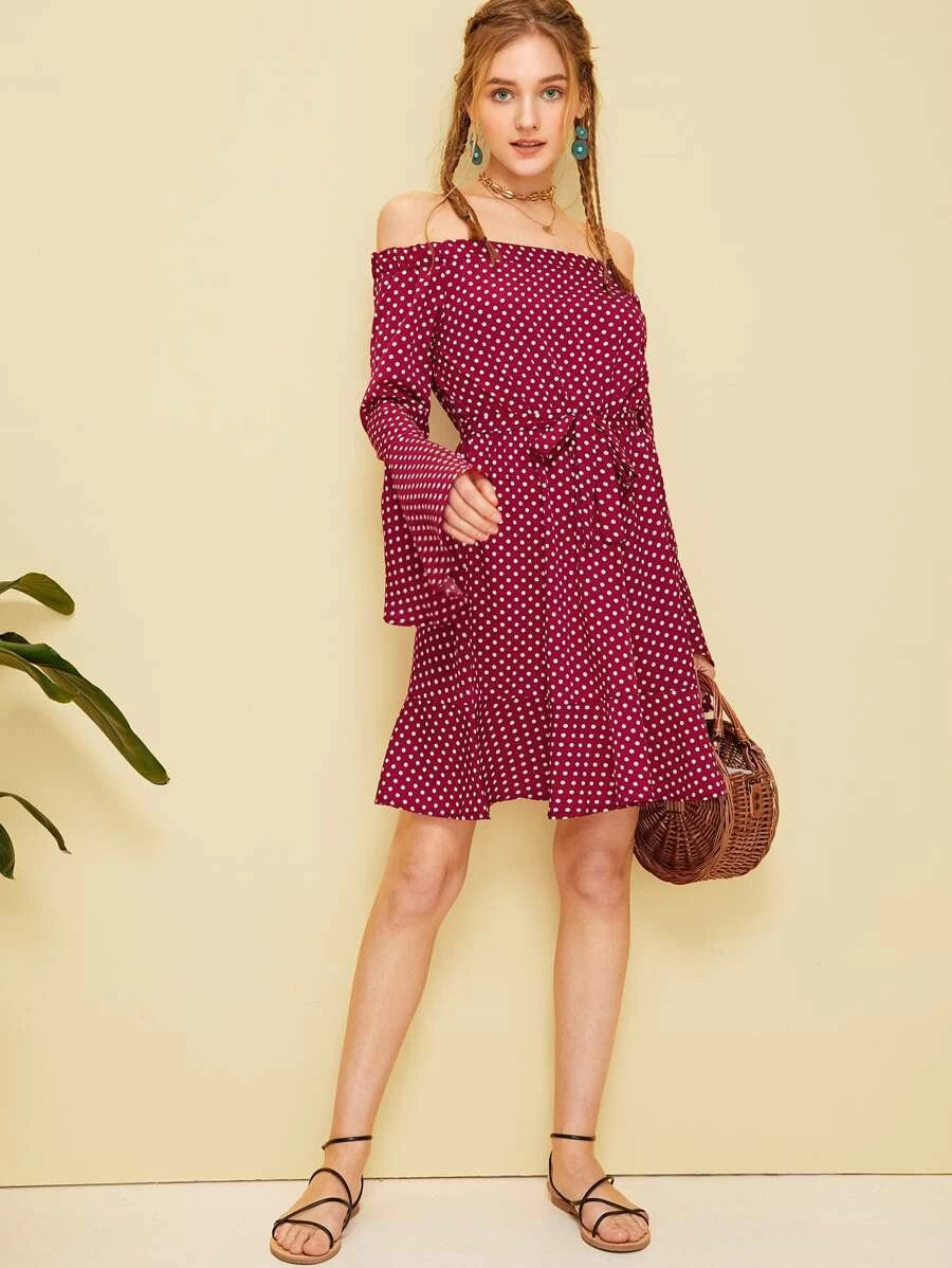 Polka Dot Print Flounce Sleeve Dress Periwinkley Shop