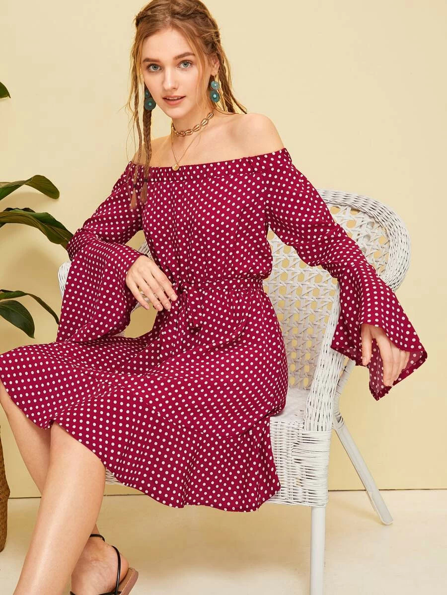 Polka Dot Print Flounce Sleeve Dress Periwinkley Shop
