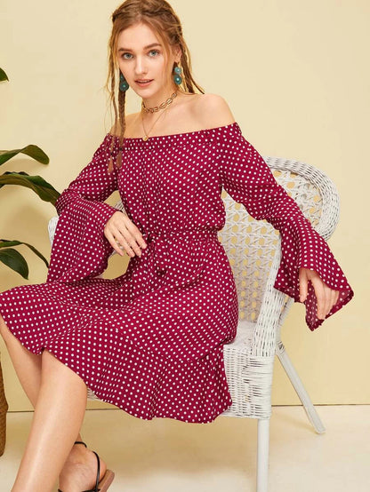 Polka Dot Print Flounce Sleeve Dress Periwinkley Shop